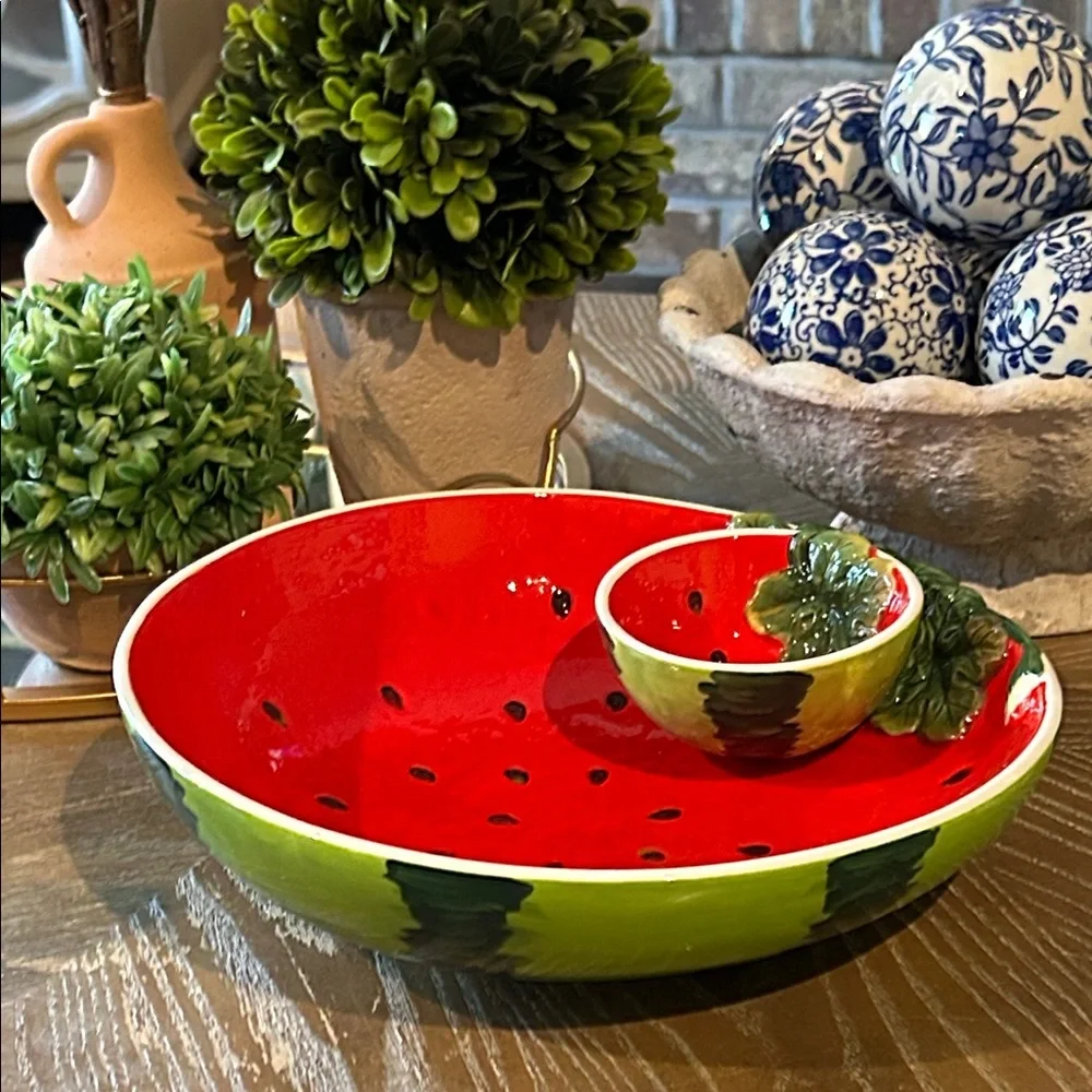 NEW! Ceramic Stoneware Vibrant Watermelon Chip & Dip Serving Fruit Bowl